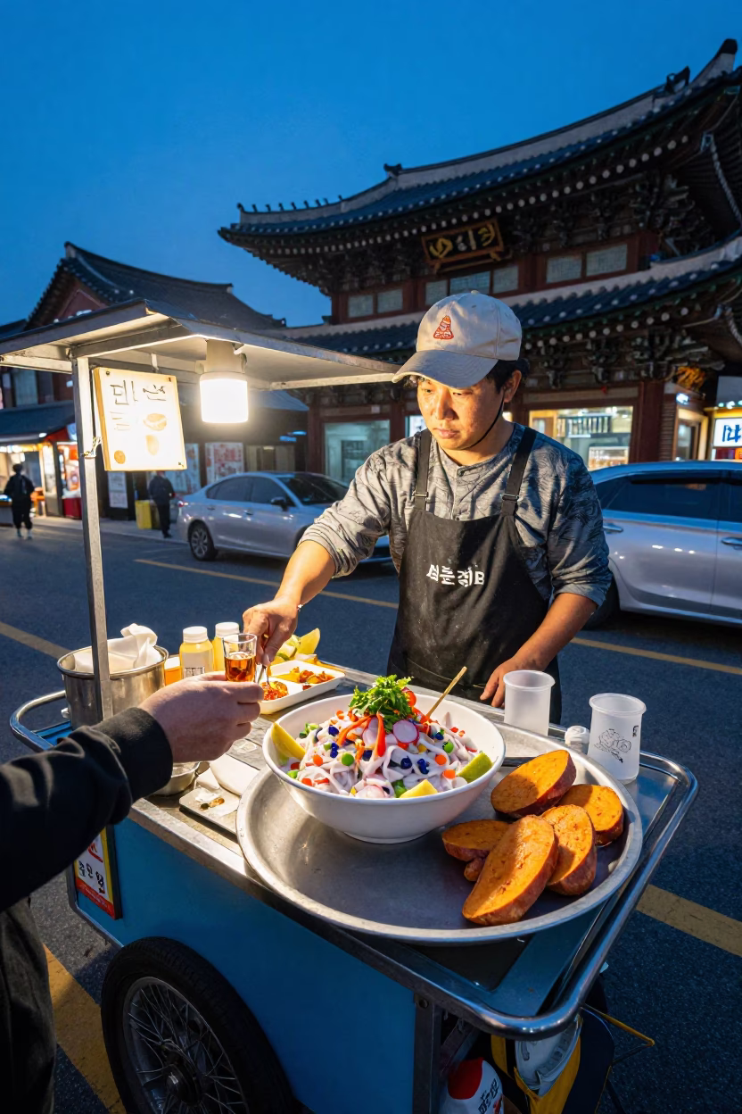 Street Food Vendor Serving Ceviche and Whisky in Seoul Evening Blue Hour in in Seoul, South Korea