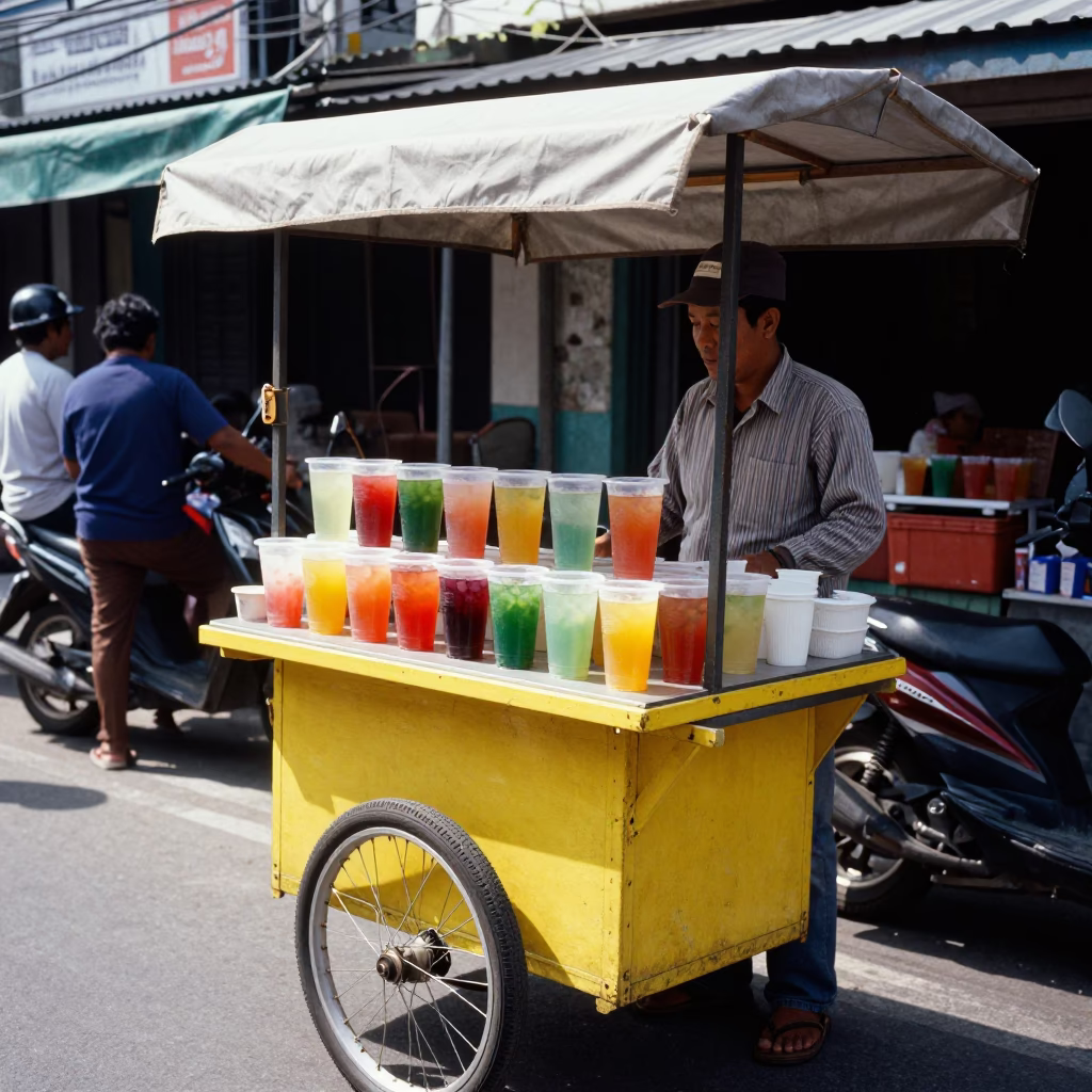 Street food vendor serving colorful drinks in Surabaya Indonesia midday sunlight in in Surabaya, Indonesia
