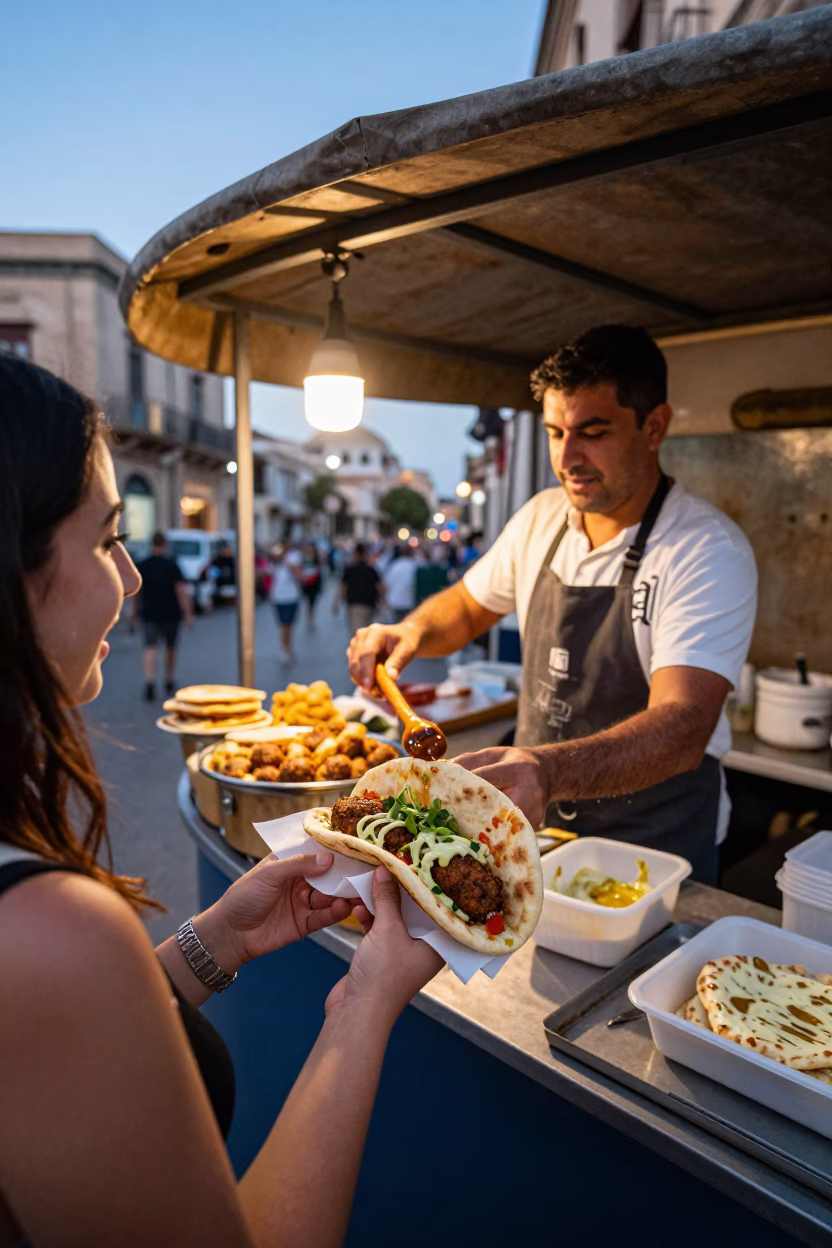 Street Food Vendor Serving Falafel Pita in Palermo Italy Evening Light in in Palermo, Italy