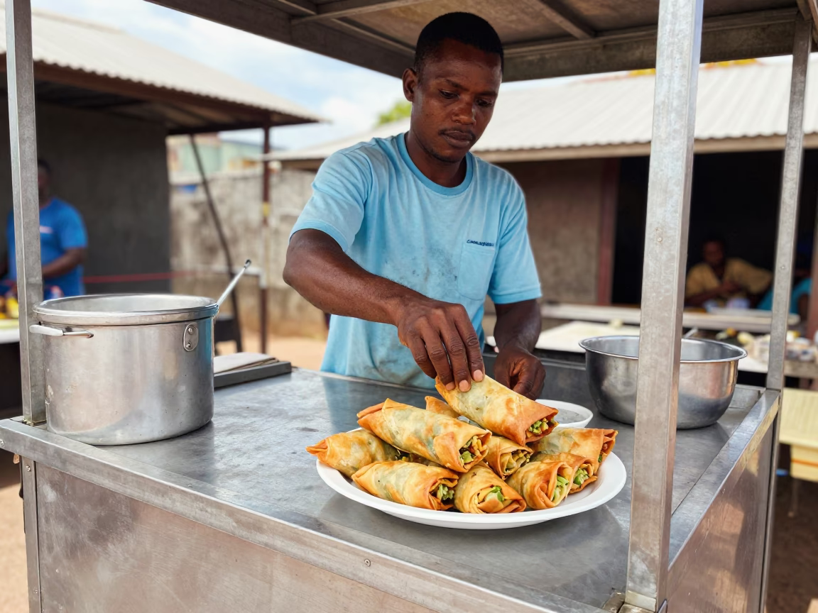 Street Food Vendor Serving Fresh Lumpia Spring Rolls in Durban South Africa Midday Sun in in Durban, South Africa