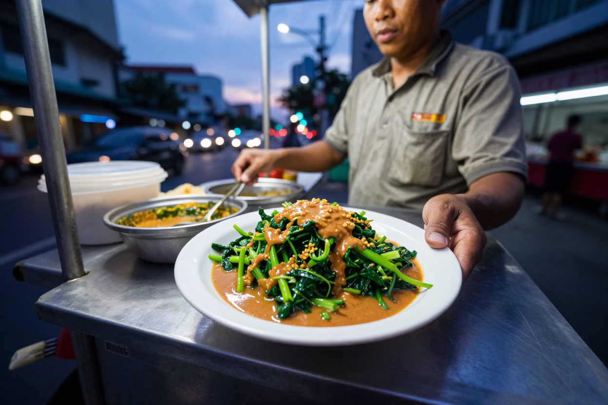 Street Food Vendor Serving Gado-Gado in Bangkok Thailand at Dusk in in Bangkok, Thailand