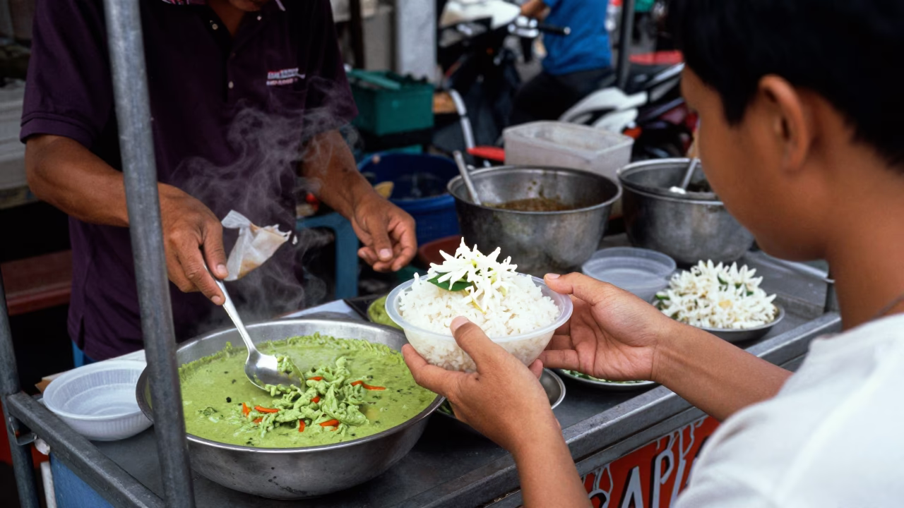 Street Food Vendor Serving Green Curry and Jasmine Rice in Phnom Penh Midday Heat in in Phnom Penh, Cambodia