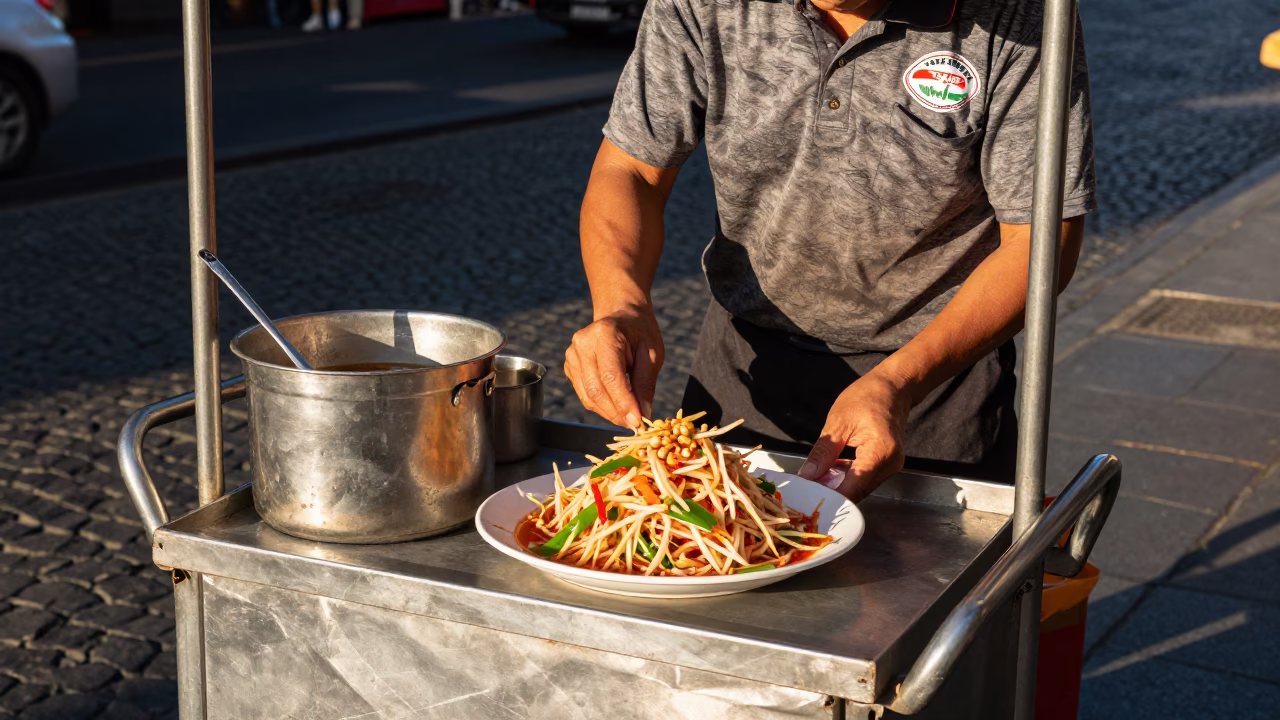 Street Food Vendor Serving Green Papaya Salad and Sugarcane Juice in Melbourne Laneway in in Melbourne, Victoria, Australia