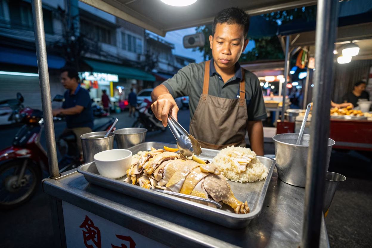 Street Food Vendor Serving Hainanese Chicken Rice at Dusk in Bangkok Thailand in in Bangkok, Thailand