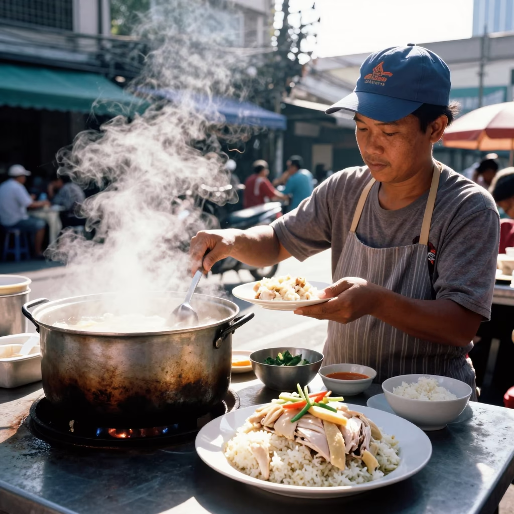 Street Food Vendor Serving Hainanese Chicken Rice in Bangkok Thailand Midmorning in in Bangkok, Thailand