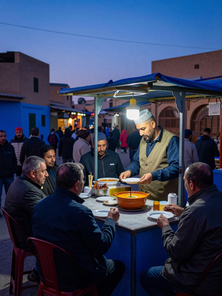 Street Food Vendor Serving Harira Soup in Fez Morocco During Indigo Twilight in in Fez, Morocco