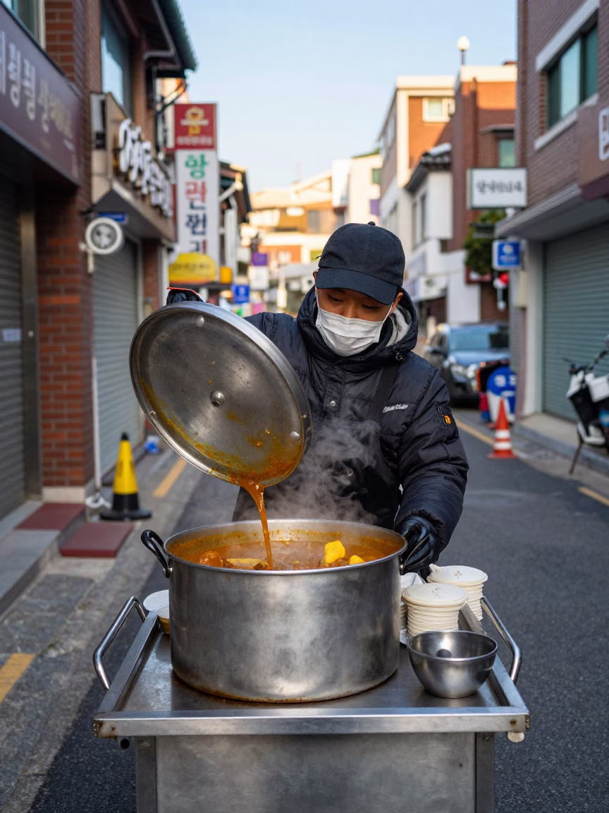 Street Food Vendor Serving Hot Curry in Seoul Late Afternoon Light in in Seoul, South Korea