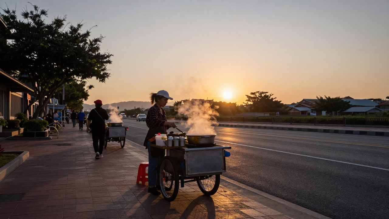 Street food vendor serving hot pot in Tainan Taiwan during sunset in in Tainan, Taiwan