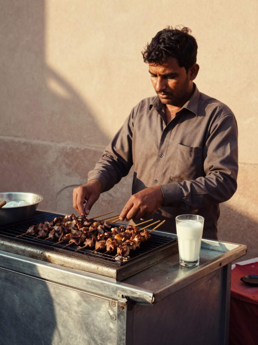 Street Food Vendor Serving Kebab and Ayran in Jaipur Late Afternoon Light in in Jaipur, India
