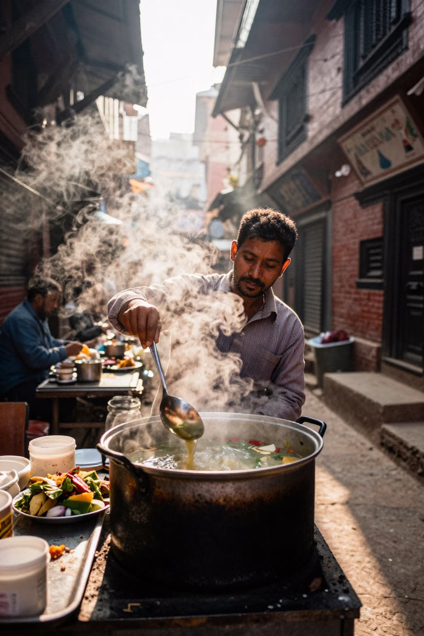 Street Food Vendor Serving Khao Piak Sen in Kathmandu Late Morning Light in in Kathmandu, Nepal