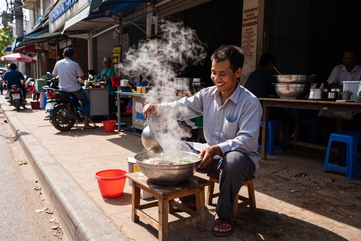 Street Food Vendor Serving Khao Piak Sen in Phnom Penh Cambodia Midmorning in in Phnom Penh, Cambodia