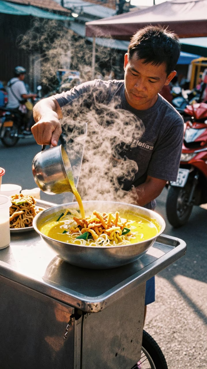 Street food vendor serving khao soi with crispy noodles in Phuket Thailand midday in in Phuket, Thailand