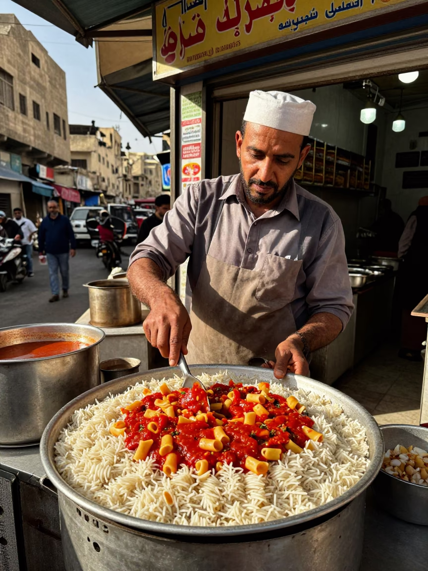 Street Food Vendor Serving Koshary in Downtown Alexandria Egypt Afternoon in in Alexandria, Egypt