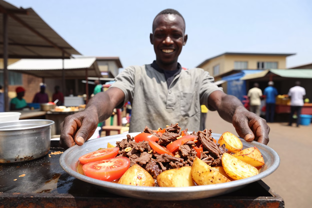 Street Food Vendor Serving Lomo Saltado in Nairobi Midmorning Light in in Nairobi, Kenya