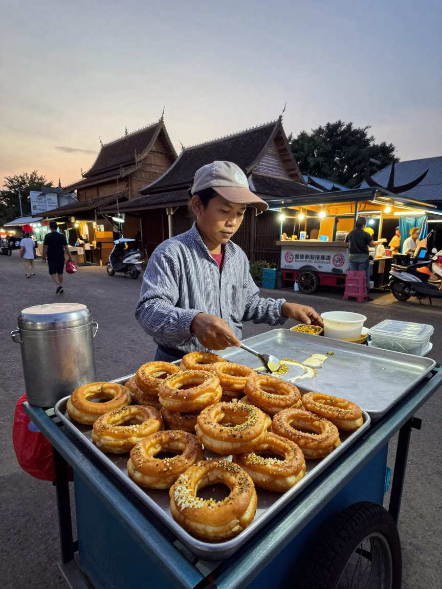 Street Food Vendor Serving Mandazi in Chiang Mai Early Evening in in Chiang Mai, Thailand