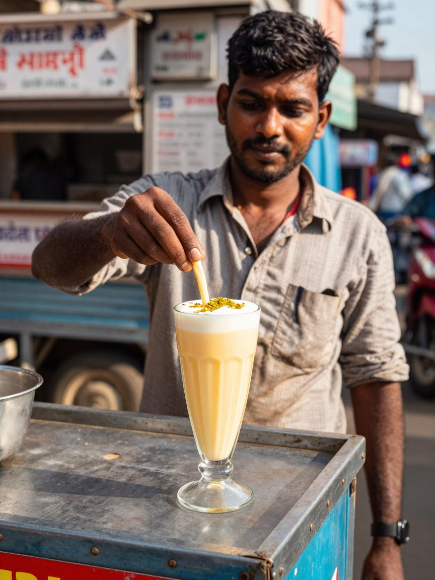 Street Food Vendor Serving Mango Lassi in Bright Chennai Late Afternoon Sunlight in in Chennai, India