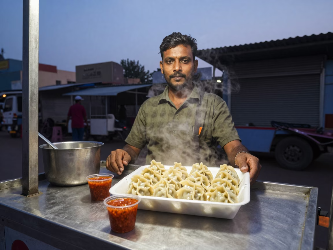 Street Food Vendor Serving Momos with Spicy Chutney in Hyderabad India at Blue Hour in in Hyderabad, India