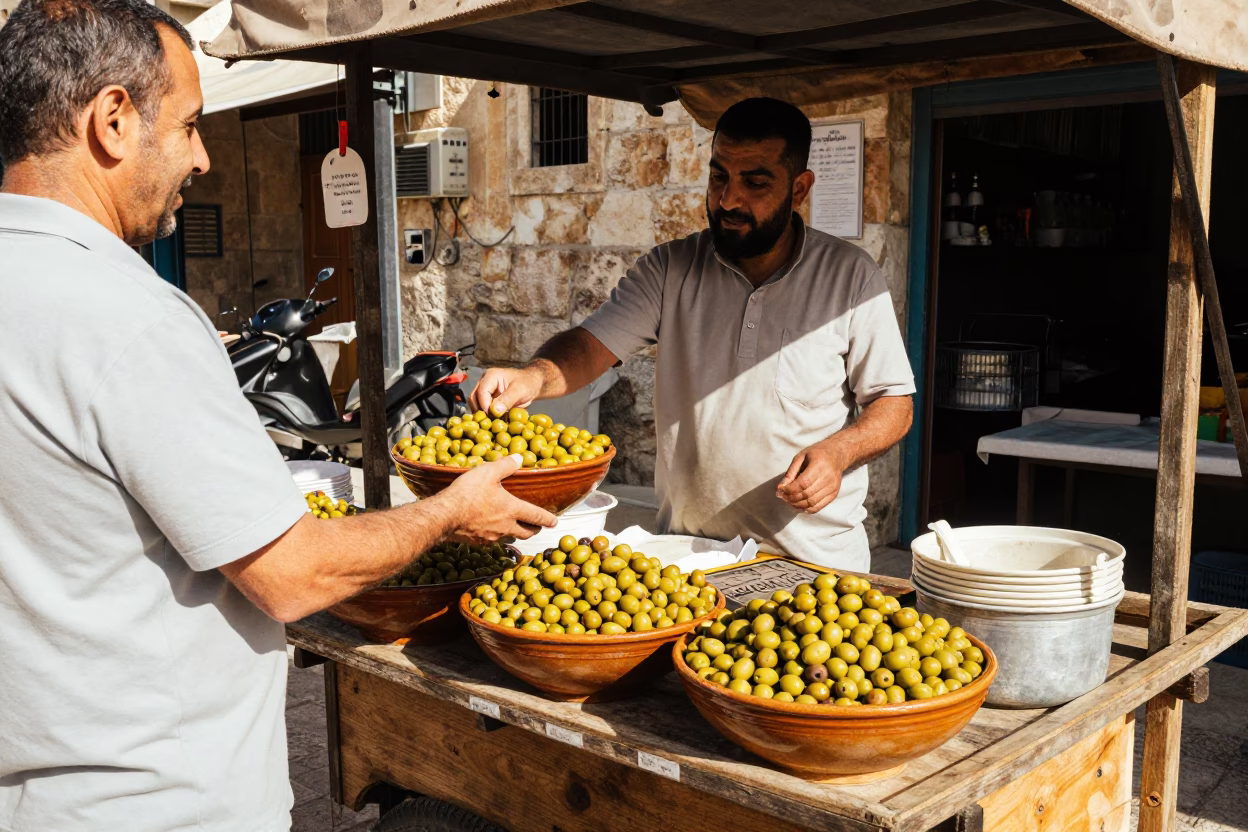Street Food Vendor Serving Olive Dish in Amman Jordan Midday Sunlight in in Amman, Jordan
