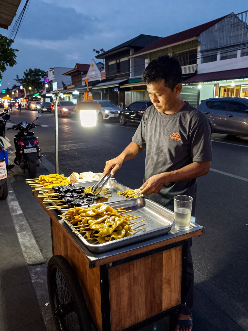 Street Food Vendor Serving Satay with Glass Tumbler in Denpasar Indonesia at Dusk in in Denpasar, Indonesia