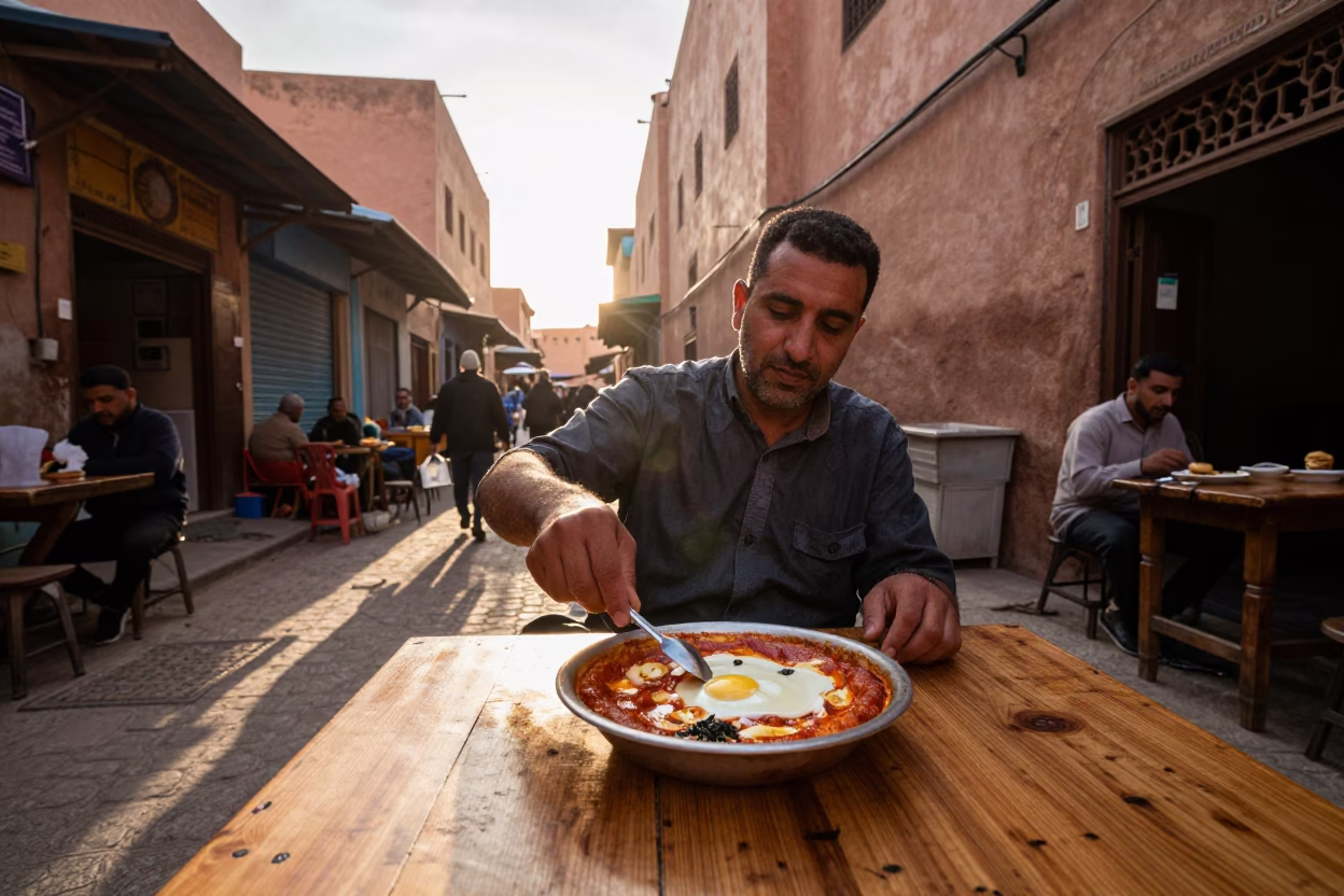 Street Food Vendor Serving Shakshouka in Marrakech Medina Under Early Afternoon Sun in in Marrakech, Morocco