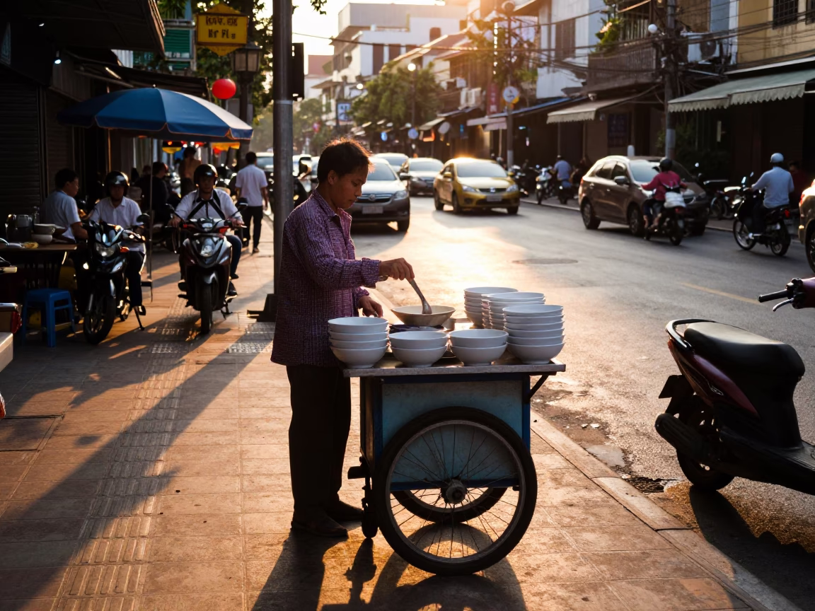 Street Food Vendor Serving Soup at Sunset in Ho Chi Minh City Vietnam in in Ho Chi Minh City, Vietnam