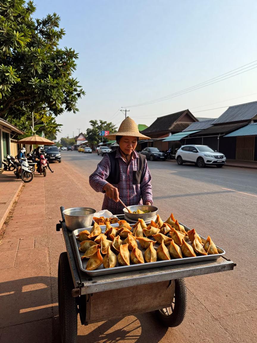 Street Food Vendor Serving Spiced Sambusa in Late Afternoon Light in Luang Prabang Laos in in Luang Prabang, Laos