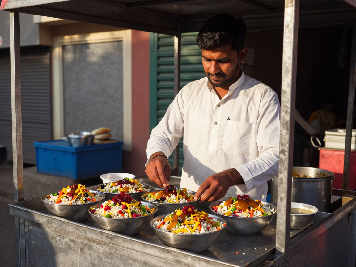 Street Food Vendor Serving Spicy Chaat with Tamarind Chutney in Jaipur Early Afternoon in in Jaipur, India