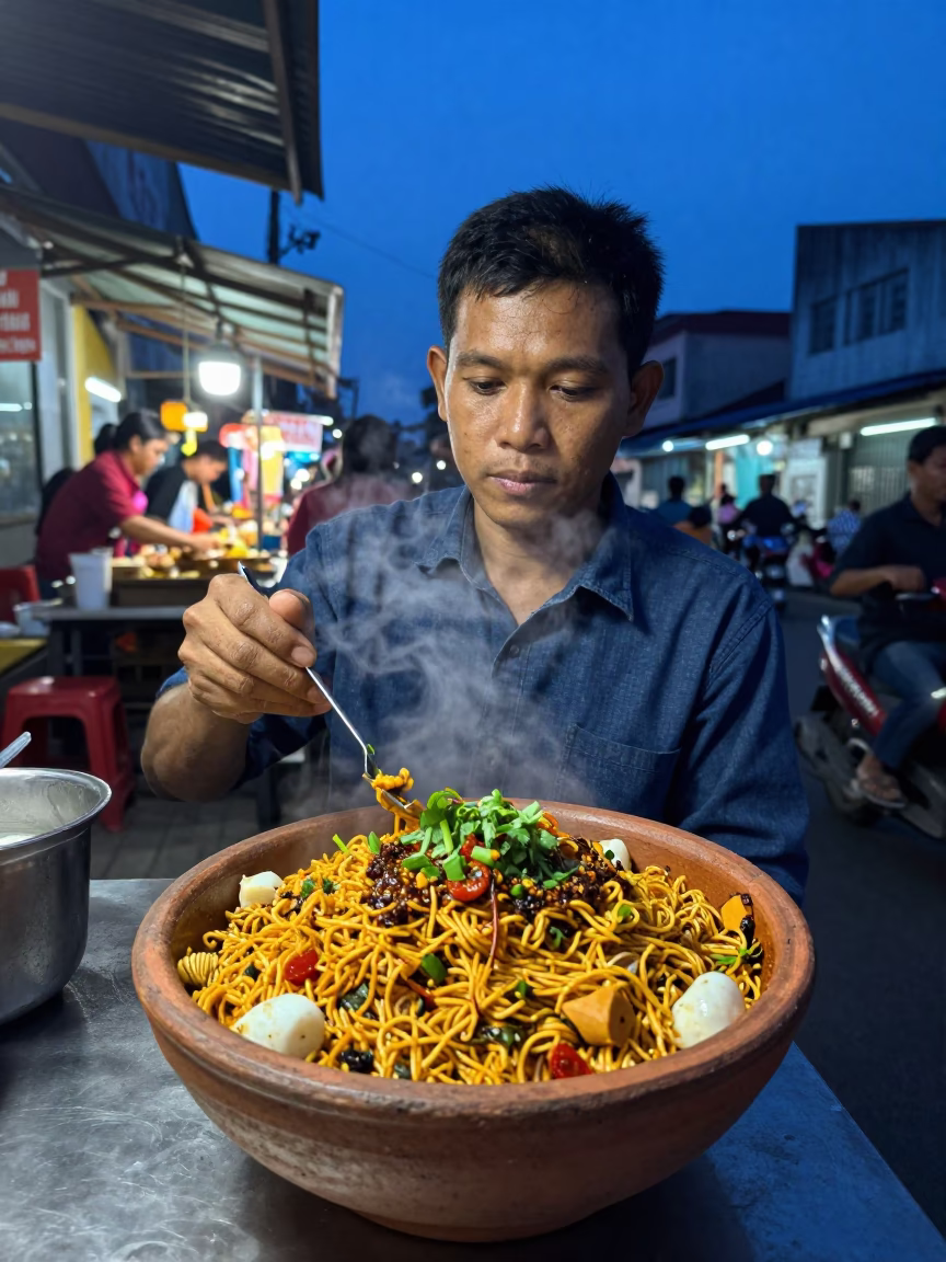 Street food vendor serving spicy chaat with tamarind chutney in Surabaya evening blue light in in Surabaya, Indonesia
