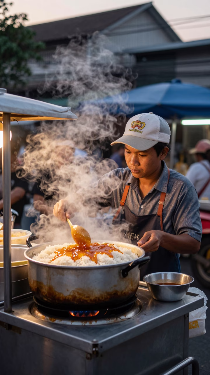 Street Food Vendor Serving Steam Rice in Bangkok Evening Honeyed Light in in Bangkok, Thailand