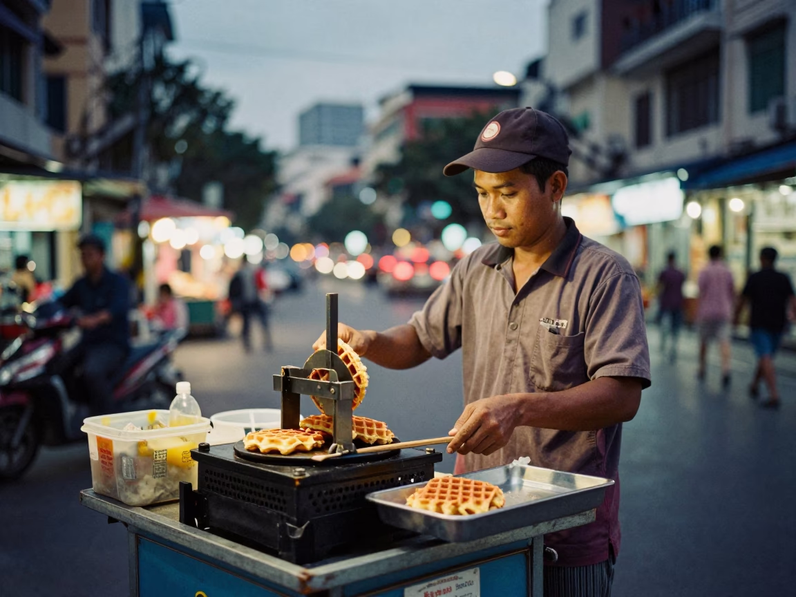 Street Food Vendor Serving Stroopwafels at Dusk in Ho Chi Minh City Vietnam in in Ho Chi Minh City, Vietnam