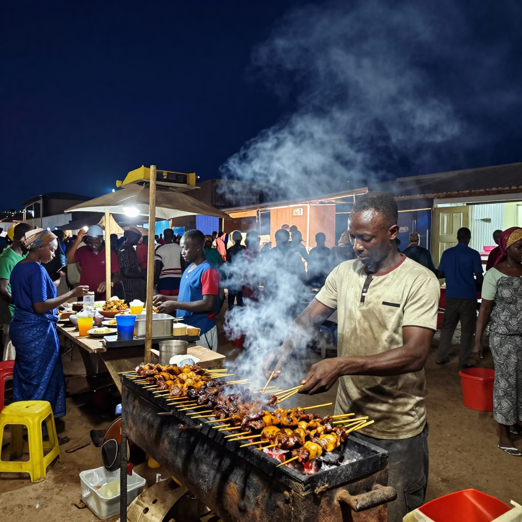 Street food vendor serving suya skewers under the deep night sky in Dakar Senegal in in Dakar, Senegal