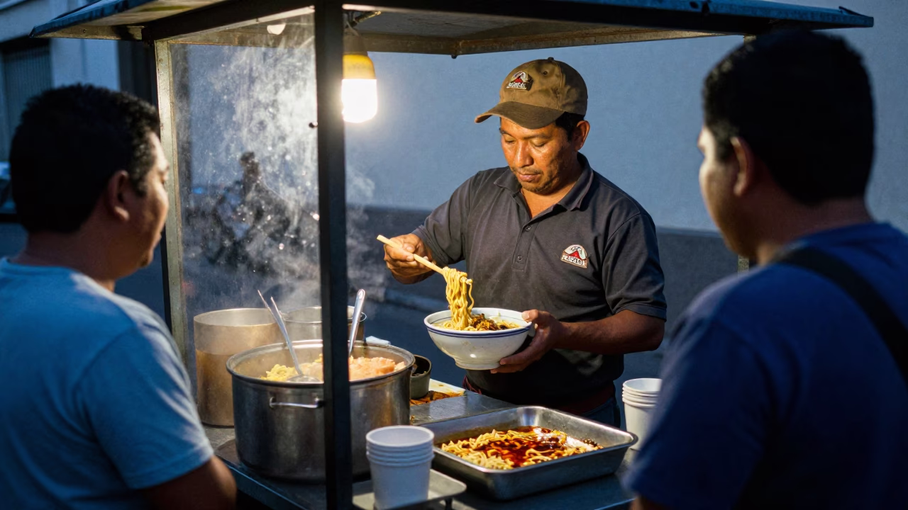 Street food vendor serving tantanmen ramen in Lima Peru evening light in in Lima, Peru