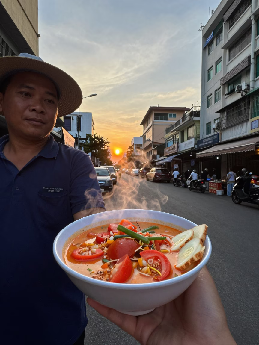 Street Food Vendor Serving Tom Kha Gai in Ho Chi Minh City at Sunset in in Ho Chi Minh City, Vietnam