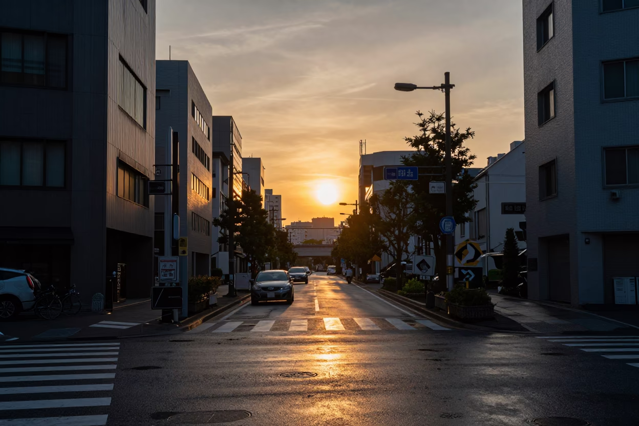 Street in Tokyo at As The Sun Drops Toward The Horizon in in Tokyo, Japan