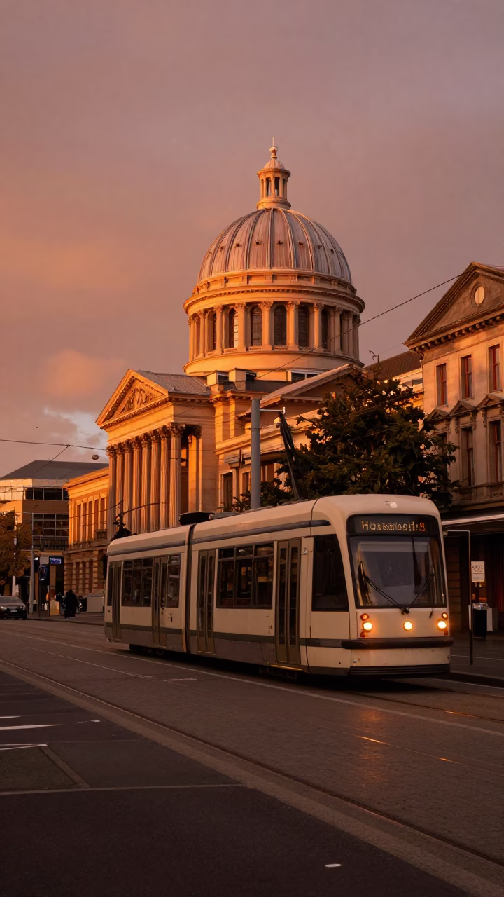 Street Infrastructure in Christchurch at Copper-toned Light Before Dusk in in Christchurch, New Zealand
