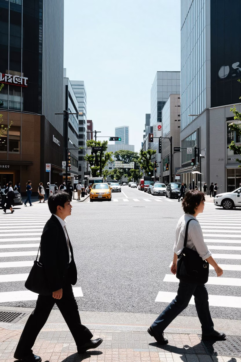 Street Intersection in Tokyo at The Flat Glare Of Noon Light in in Tokyo, Japan