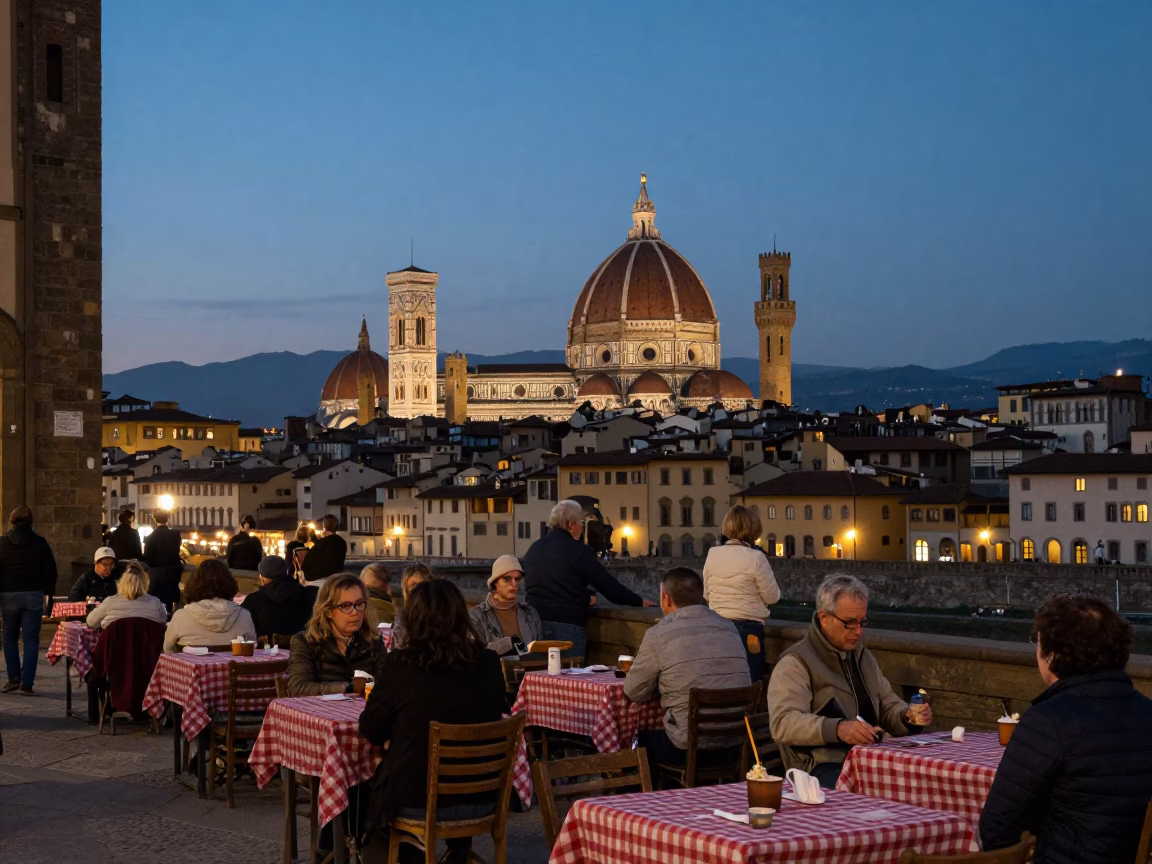 Street Life at As City Lights Begin To Glow in Florence in in Florence, Italy