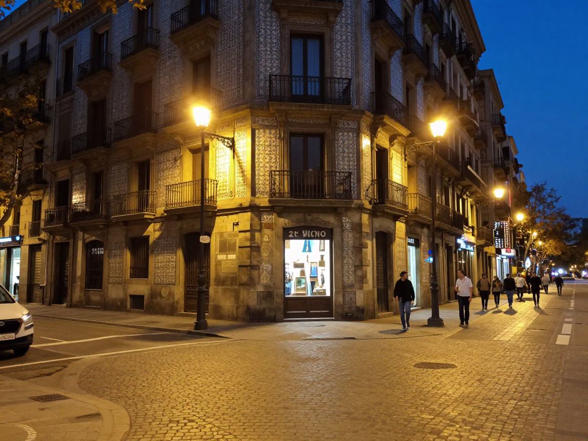 Street Life at Midnight Light in Barcelona in in Barcelona, Spain