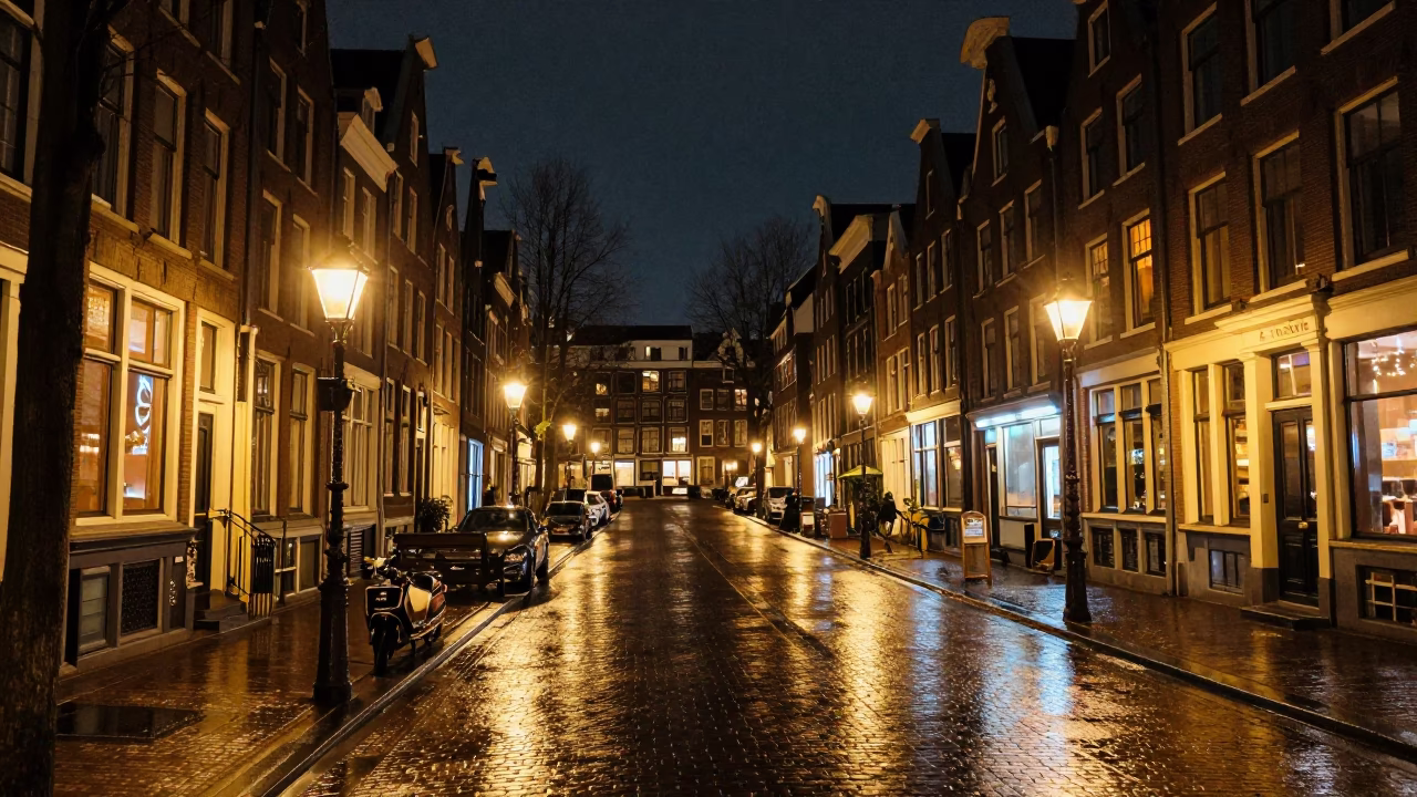 Street Life in Amsterdam at The Deepest Night Sky Light in in Amsterdam, Netherlands