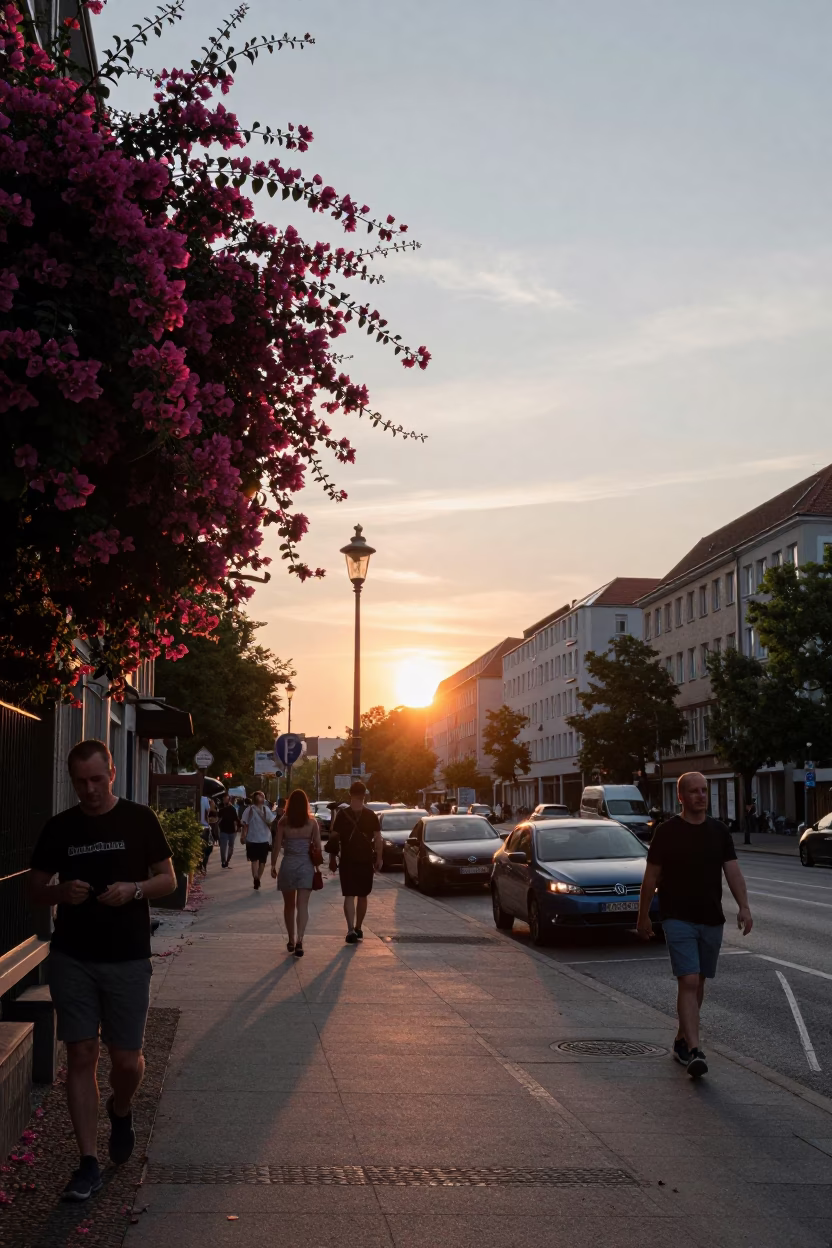 Street Life in Berlin at As The Sun Drops Toward The Horizon in in Berlin, Germany