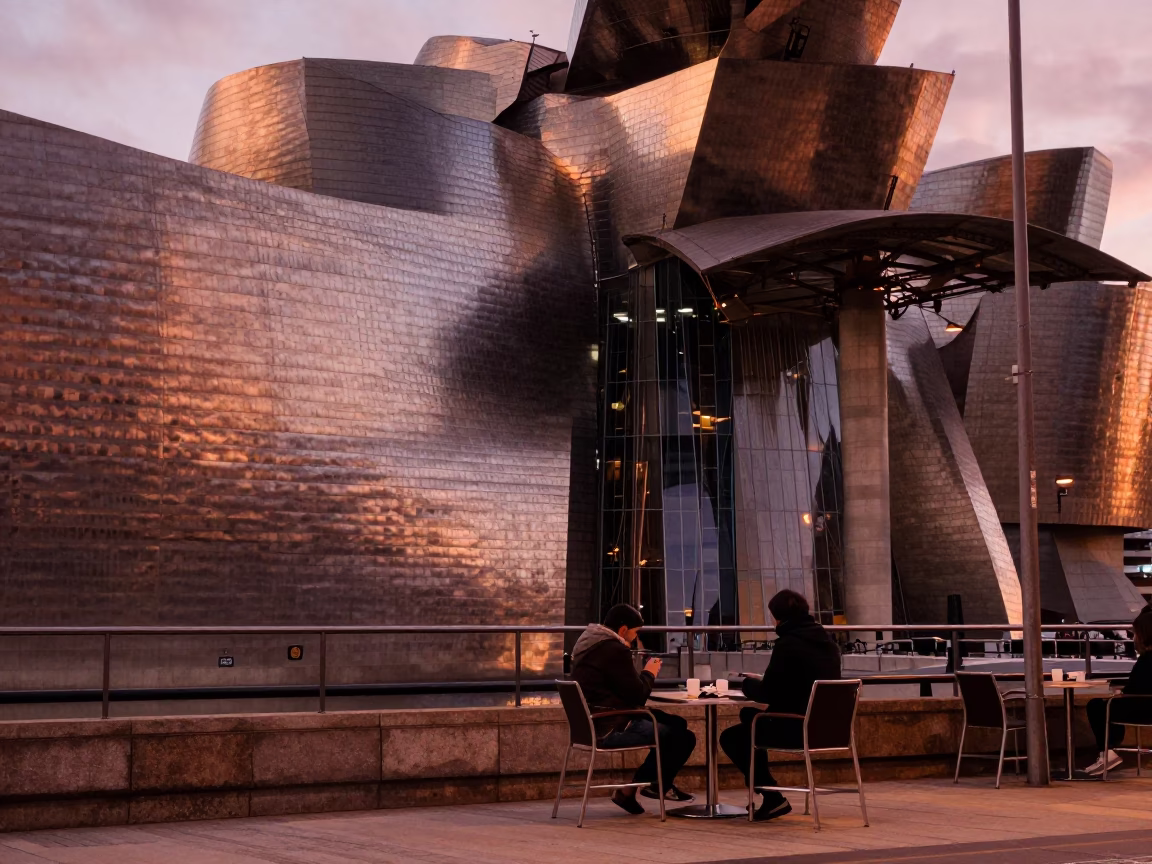 Street Life in Bilbao at Copper-toned Light Before Dusk in in Bilbao, Spain