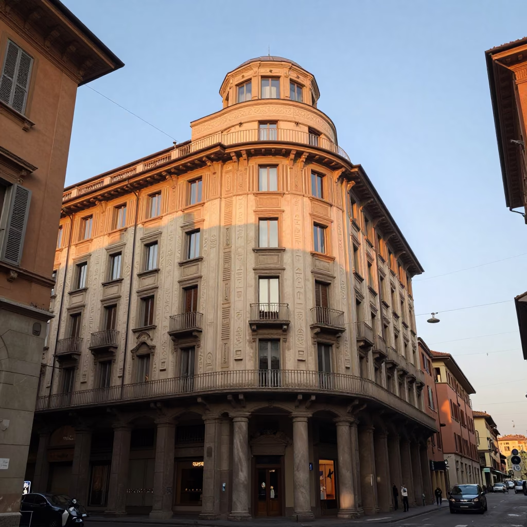 Street Life in Bologna at As First Light Reaches The Scene in in Bologna, Italy