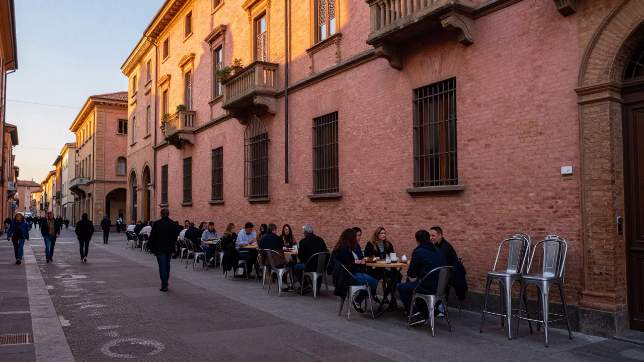 Street Life in Bologna at Sunset Light in in Bologna, Italy