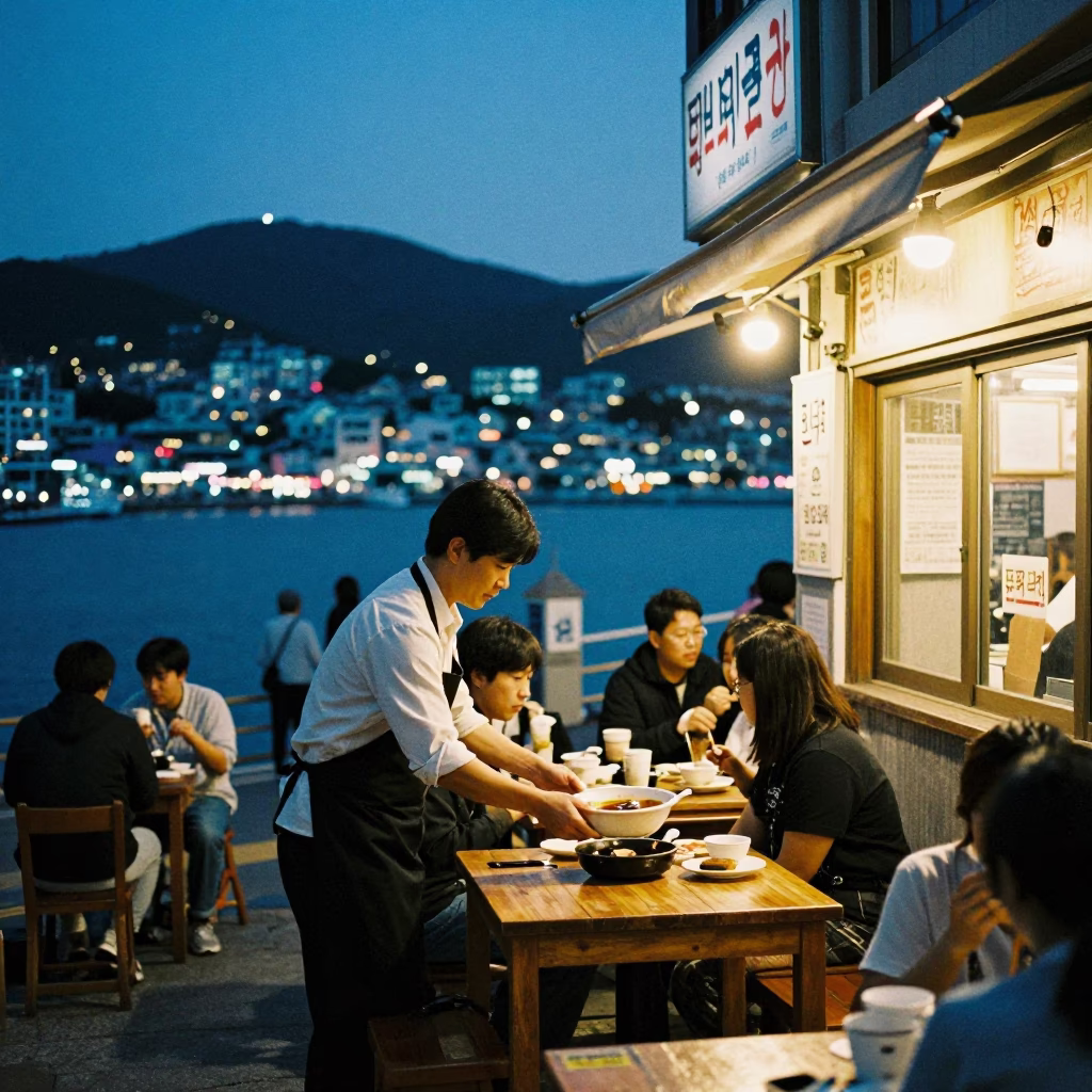 Street Life in Busan at As City Lights Begin To Glow in in Busan, South Korea