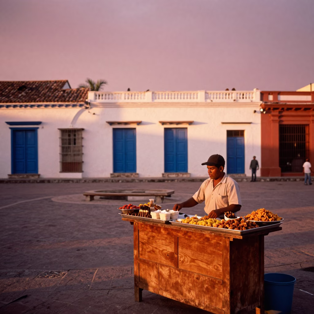 Street Life in Cartagena at Copper-toned Light Before Dusk in in Cartagena, Colombia