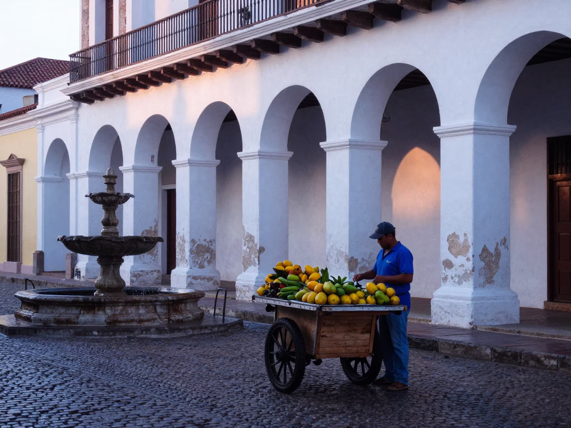 Street Life in Cartagena at Sunrise Light in in Cartagena, Colombia