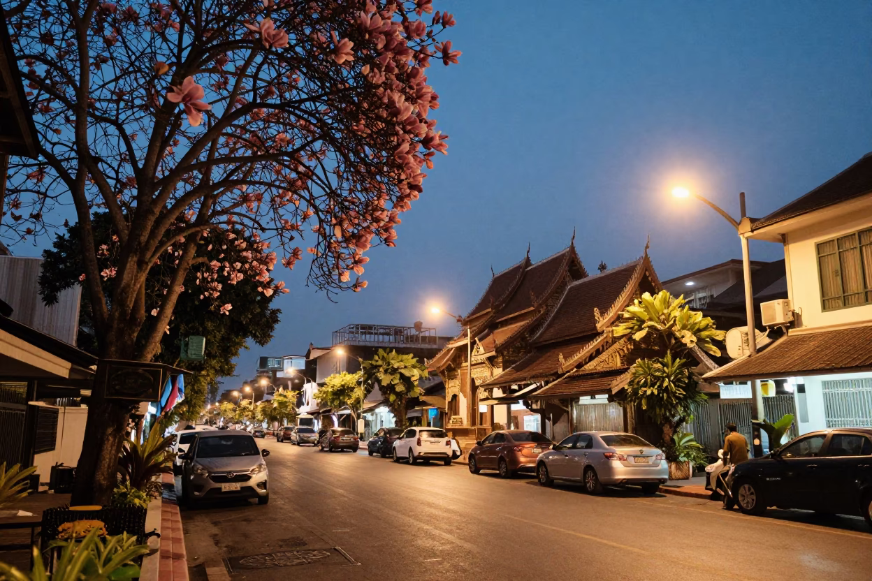 Street Life in Chiang Mai at As City Lights Begin To Glow in in Chiang Mai, Thailand