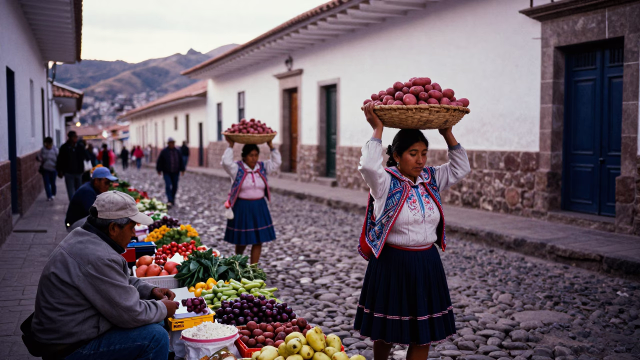 Street Life in Cusco at The Early Morning Light in in Cusco, Peru