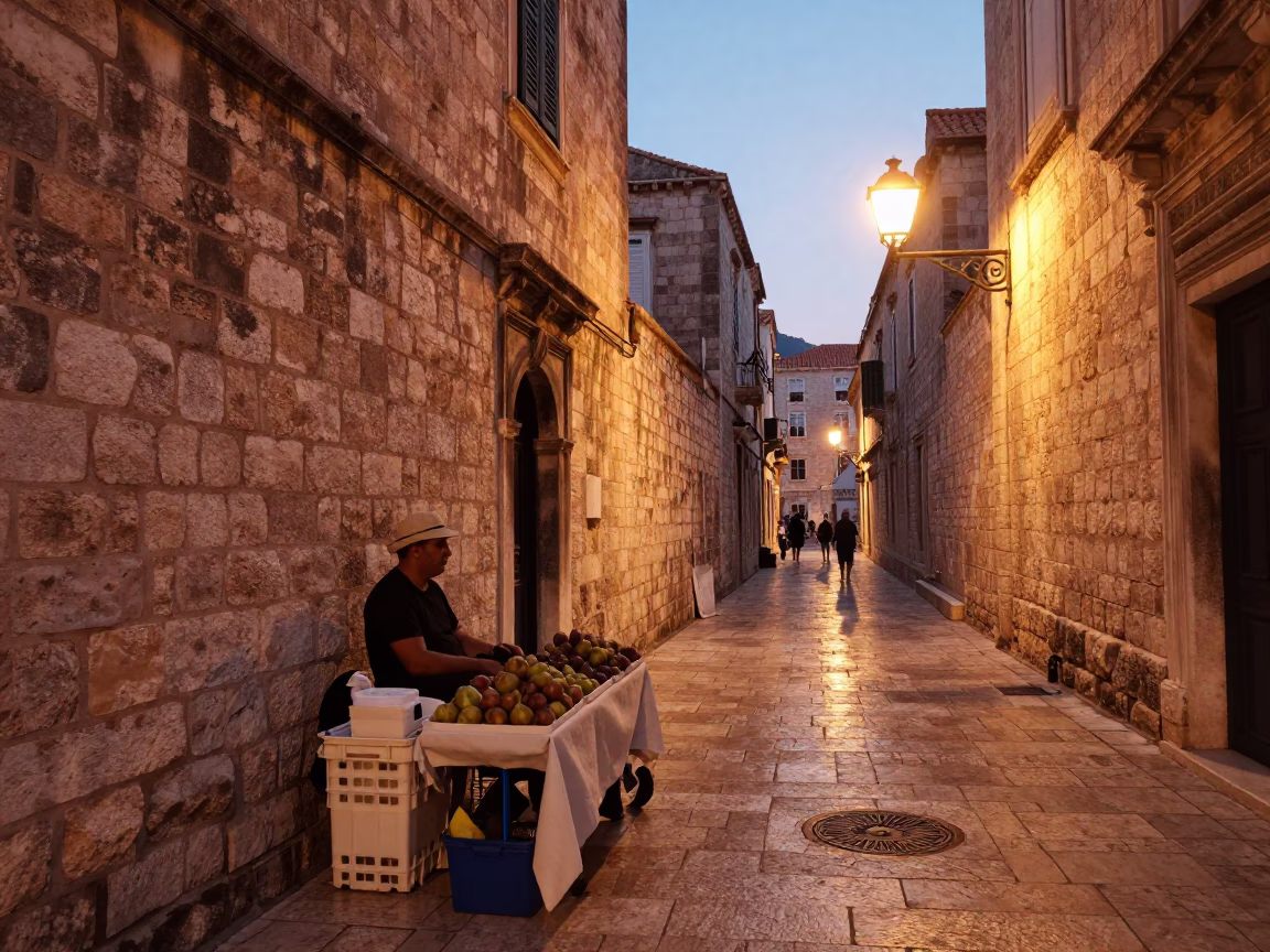 Street Life in Dubrovnik at Copper-toned Light Before Dusk in in Dubrovnik, Croatia
