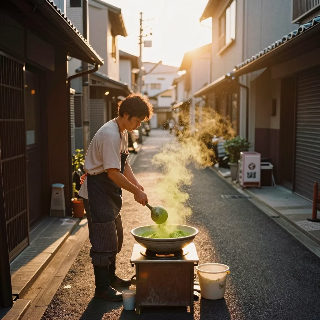 Street Life in Fukuoka at Honeyed Evening Light in in Fukuoka, Japan